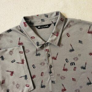 Travis Mathew Men's 2XL Statue Liberty Beer Fireworks Print Golf Polo Shirt